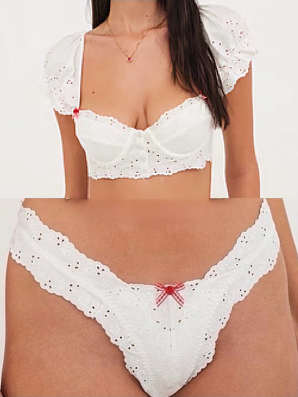 For Love And Lemons Martha White Eyelet Red Gingham Bow Bra & Thong Set